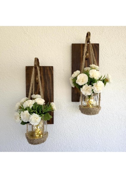 Duvar Dekoru, LED Işıklı, Beyaz Karanfil Çiçekli, Ceviz Aplik Ikili Set modelleri
