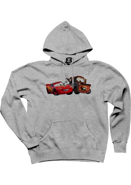 Şimşek Mcqueen ve Tow Mater Arabalar Gri Kapşonlu Sweatshirt Hoodie