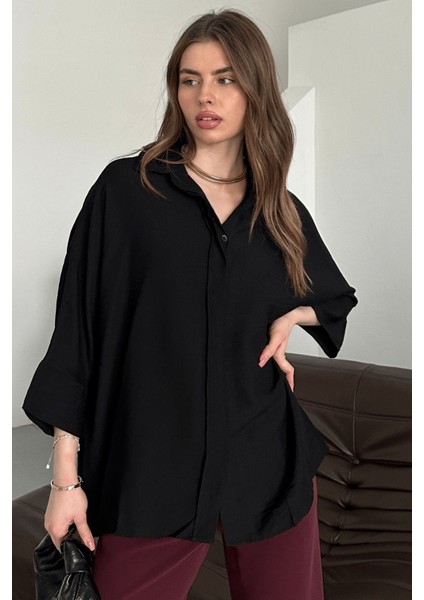Kadın Evelyn Oversize Gömlek, Keten Ayrobin Ön Patlı Gömlek