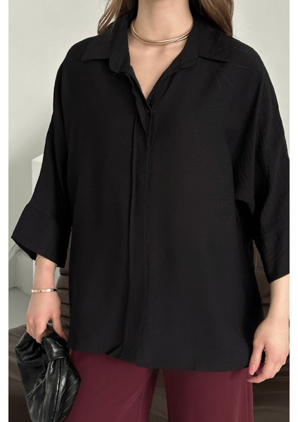 Kadın Evelyn Oversize Gömlek, Keten Ayrobin Ön Patlı Gömlek