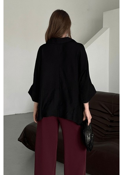 Kadın Evelyn Oversize Gömlek, Keten Ayrobin Ön Patlı Gömlek
