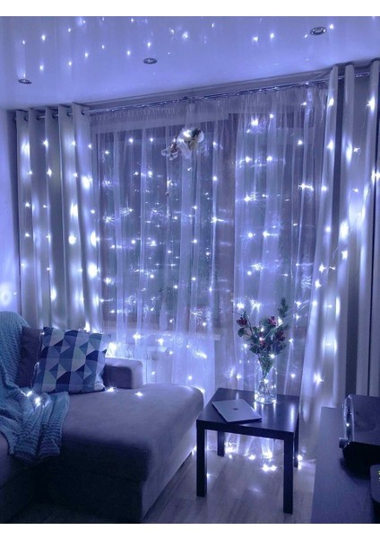 8 Fonksiyonlu 16 Saçaklı Animasyonlu Perde LED Işık Kalın Telli Saçak LED Işık 3 x 3 Metre Perde LED Aydınlatma Süsleme Fişli Model