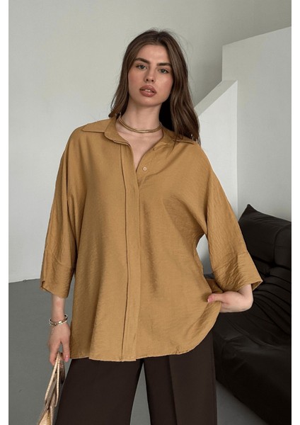 Kadın Evelyn Oversize Gömlek, Keten Ayrobin Ön Patlı Gömlek