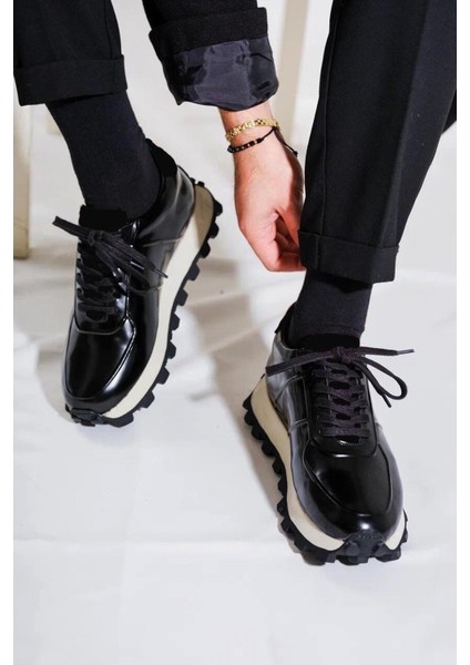 - Siyah Hakiki Açma Deri Bağcıklı Erkek Sneaker 115-K556