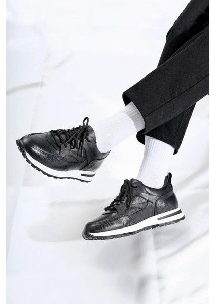 - Siyah Hakiki Deri Bağcıklı Erkek Sneaker 115-K511