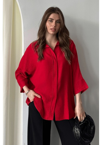 Kadın Evelyn Oversize Gömlek, Keten Ayrobin Ön Patlı Gömlek