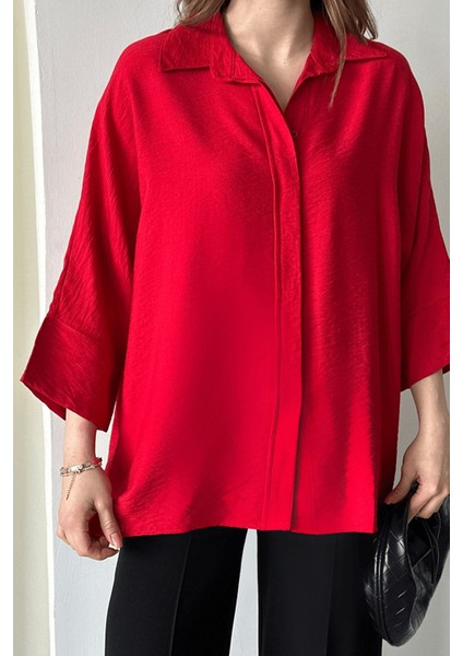 Kadın Evelyn Oversize Gömlek, Keten Ayrobin Ön Patlı Gömlek