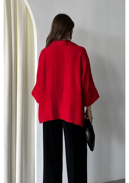 Kadın Evelyn Oversize Gömlek, Keten Ayrobin Ön Patlı Gömlek