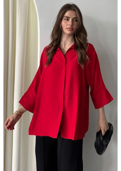 Kadın Evelyn Oversize Gömlek, Keten Ayrobin Ön Patlı Gömlek