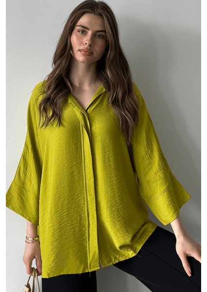 Kadın Evelyn Oversize Gömlek, Keten Ayrobin Ön Patlı Gömlek