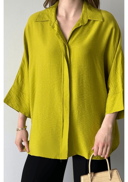 Kadın Evelyn Oversize Gömlek, Keten Ayrobin Ön Patlı Gömlek
