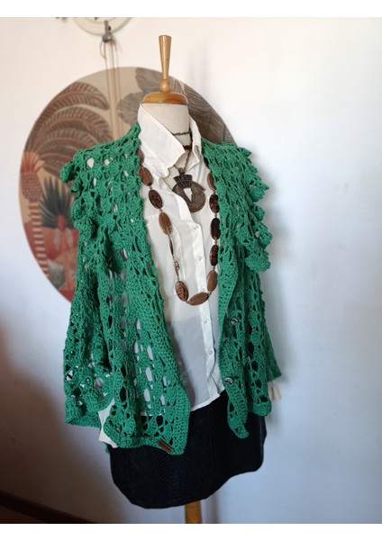 Yeşil Koton Ip Volan Yakalı Asimetri Tığ Dokuma Dantel El Işi Hırka fiyatları