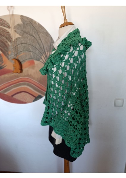Yeşil Koton Ip Volan Yakalı Asimetri Tığ Dokuma Dantel El Işi Hırka modelleri