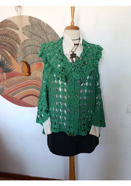 Yeşil Koton Ip Volan Yakalı Asimetri Tığ Dokuma Dantel El Işi Hırka fırsatları