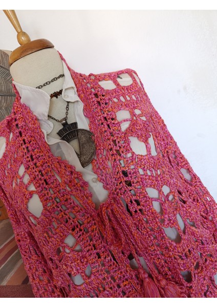Fuşya Merserize Tığ Dokuma El Işi Tasarım Dantel Romantik Hırka