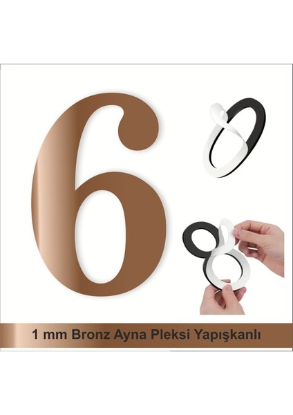 Kapı Daire Numarası 1 mm Bronz Ayna Pleksi Yapışkanlı No - 6 Altı