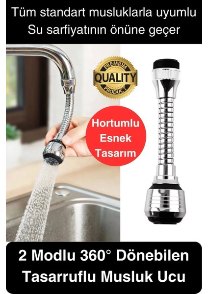 Premium 2 Modlu Hortumlu 360° Dönebilen Perlatör Başlık Mutfak Lavabo Tasarruflu Musluk Ucu Tasarım