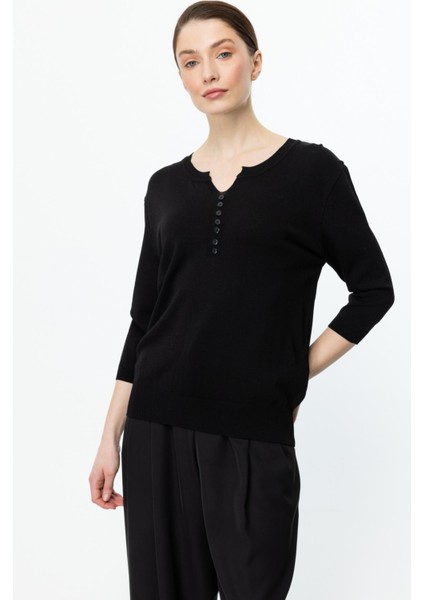 56359 Onteks Cep Detaylı Düğpmeli Yarım Kol Triko Bluz