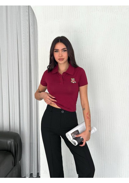 Ayıcık Nakışlı Kısa Kollu Crop T-Shirt