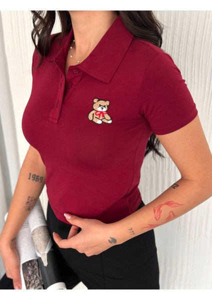 Ayıcık Nakışlı Kısa Kollu Crop T-Shirt