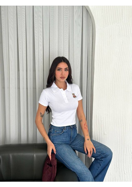 Ayıcık Nakışlı Kısa Kollu Crop T-Shirt