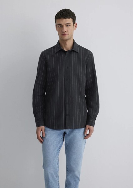 Keten Karışımlı Çizgili Antrasit Gömlek 0211515-89892