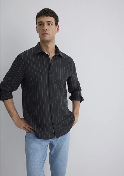 Keten Karışımlı Çizgili Antrasit Gömlek 0211515-89892 fiyatları