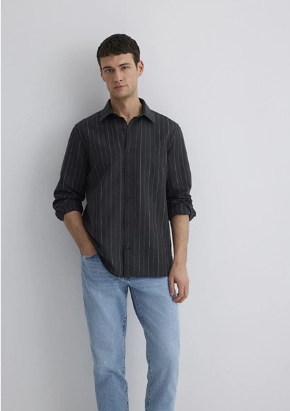 Keten Karışımlı Çizgili Antrasit Gömlek 0211515-89892 modelleri