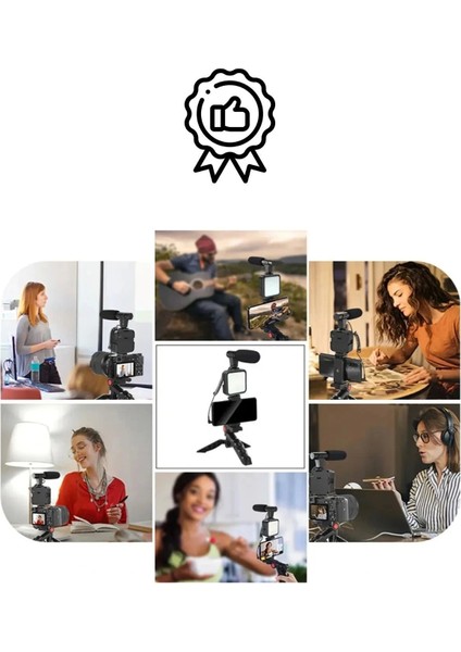 Ayarlanabilir Mikrofonlu Ses Kayıt LED Işıklı Çekim Selfie Çubuğu Canlı Yayın Tripod Vlog Çekim Kiti