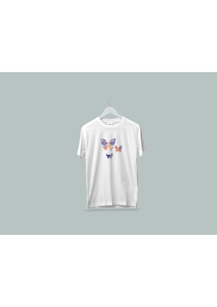 Kaliteli Penye Kadın Erkek Yetişkin Baskılı Beyaz Gri Siyah Tshirt Kelebekler