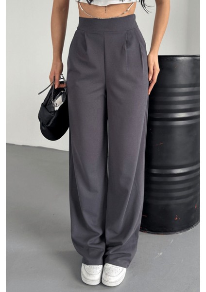 Kadın Sophia Yüksek Bel Arkası Lastikli Yan Gizli Fermuarlı Ispanyol Paça Kumaş Palazzo Pantolon