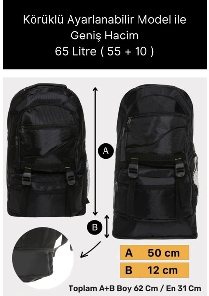 65 Lt Ortopedik Dayanıklı Büyük Boy Çok Gözlü Su Geçirmez Körüklü Kamp Trekking Outdoor Sırt Çantası