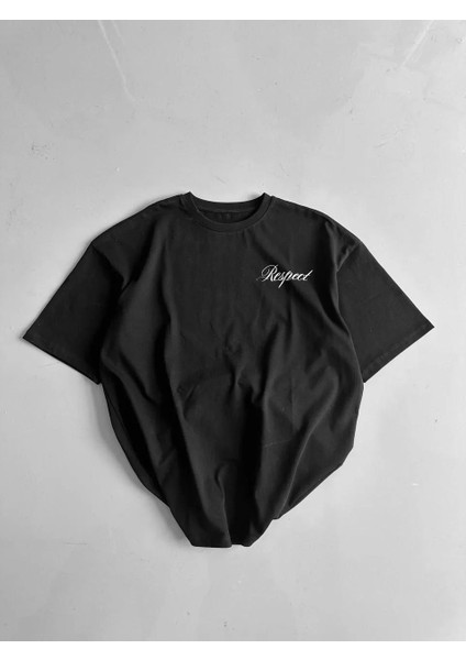 Baskılı Oversize Bisiklet Yaka T-Shirt - Siyah