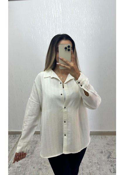 Keten Oversize Gömlek Krem Çizgili