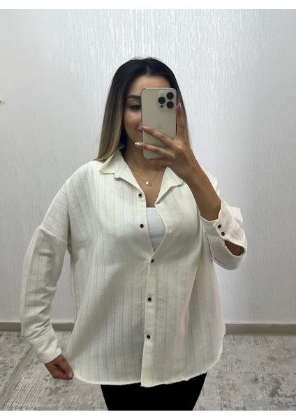 Keten Oversize Gömlek Krem Çizgili fiyatları