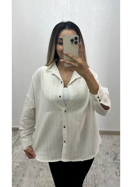 Keten Oversize Gömlek Krem Çizgili modelleri