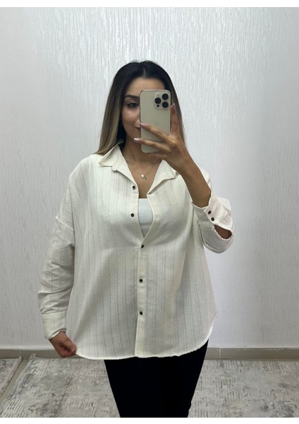Keten Oversize Gömlek Krem Çizgili fırsatları