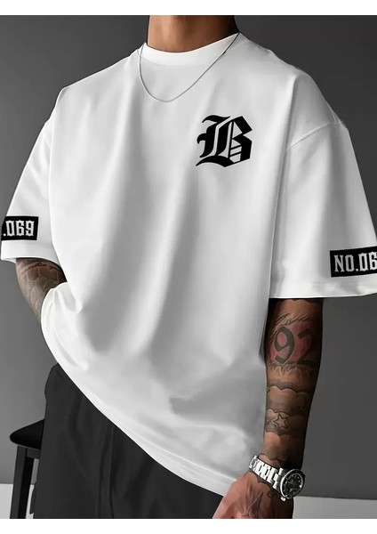 Baskılı Oversize Bisiklet Yaka T-Shirt - Beyaz