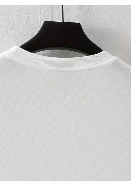 Baskılı Oversize Bisiklet Yaka T-Shirt - Beyaz