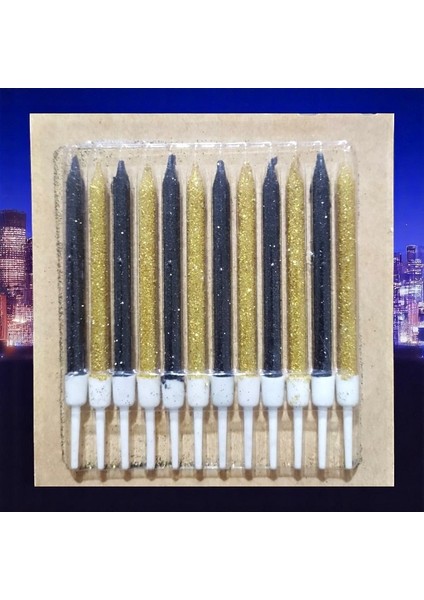 12 Adet Simli Siyah Gold Mum 10 cm Simli Gold Siyah Pasta Mumu Gold Doğum Günü Mumu