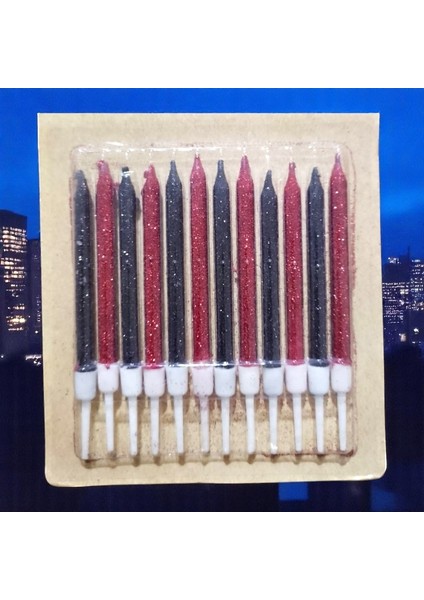 12 Adet Simli Kırmızı Siyah Mum 10 cm Simli Siyah Kırmızı Pasta Mumu Doğum Günü Mumu