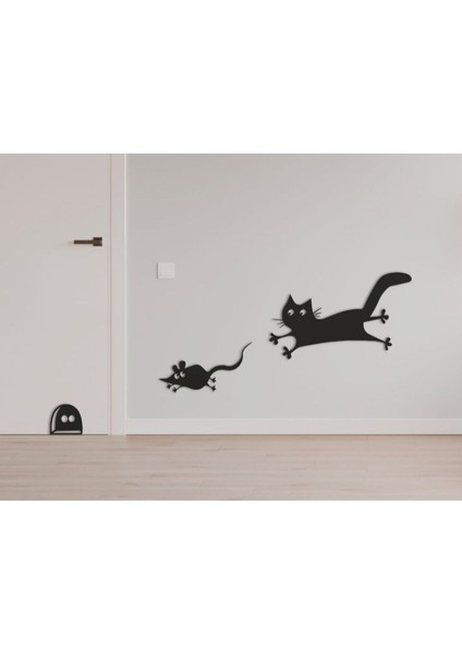 Siyah Ahşap Kedi ve Fare Duvar Dekoru - Salon Oturma Yatak Çocuk Odası Cafe Için Mdf Tablo Seti