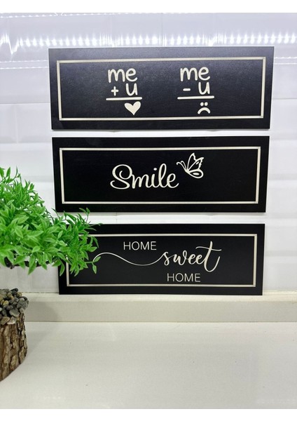 3'lü Smile,home Sweat,sen&ben Ahşap Yeni Nesil Dekoratif Tablo