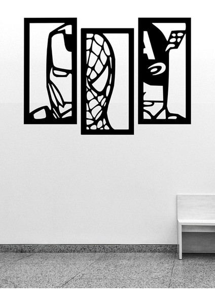 3 Parçalı Ahşap Marvel Desenli Duvar Dekoru Tablo