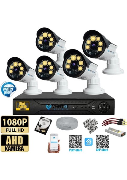 5 Kameralı Set 500 GB HDD Full Hd Gece Görüşlü Güvenlik Kamerası Sistemi-Sabit Ip Gerektirmez-
