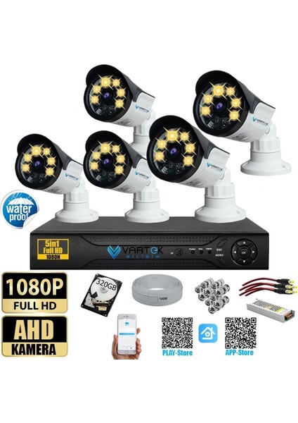 5 Kameralı Set 320 GB HDD Full Hd Gece Görüşlü Güvenlik Kamerası Sistemi-Sabit Ip Gerektirmez-