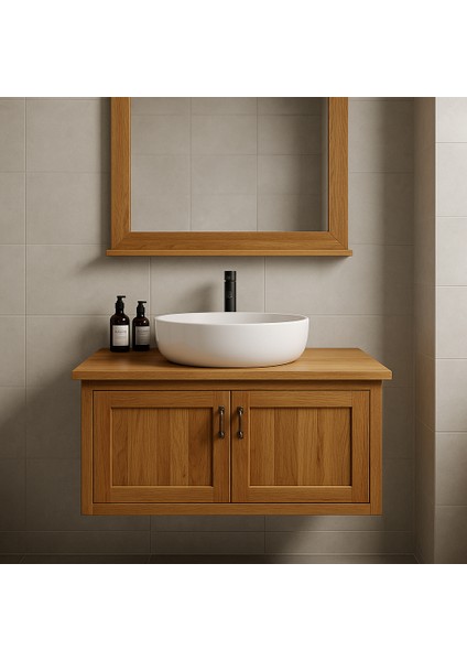 Nakkaş 100 CM,%100 Doğal Ahşap Lavabolu Banyo Dolabı,naturel,seramik Lavabo Dahil (Aynasız,armatür ve Gider Yok)