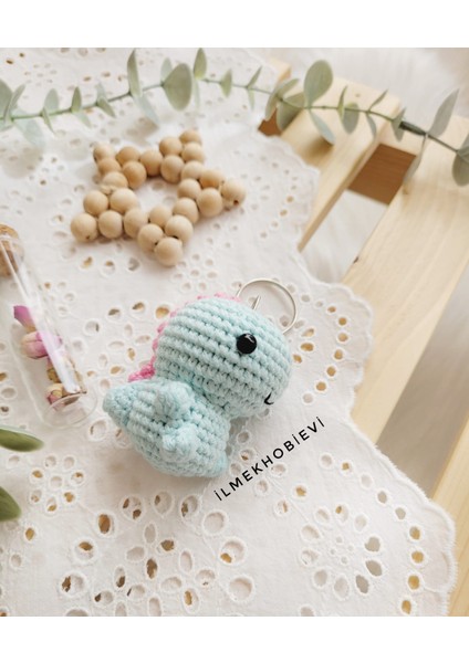 Amigurumi Sevimli Dino Anahtarlık - Organic Oyuncak 6 cm Su Yeşili (1 Adet)