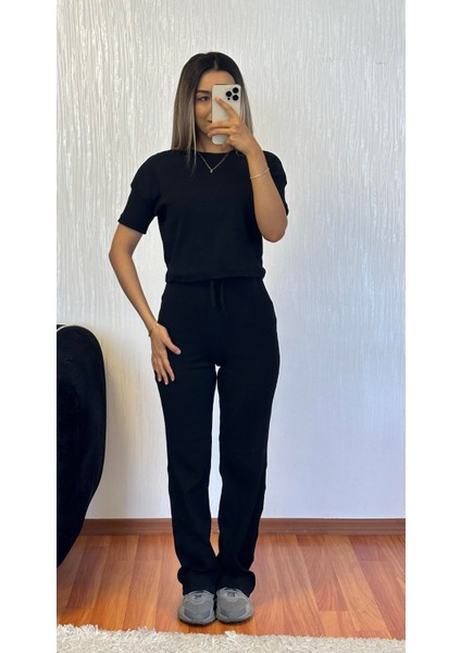 Fitilli Esnek Kumaş Basic Takım Siyah
