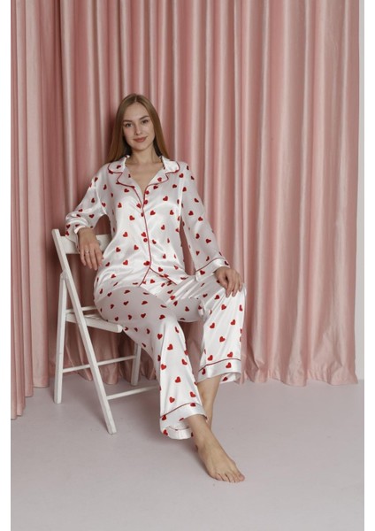 Kalp Desenli Saten Pijama Takımı 3005-03